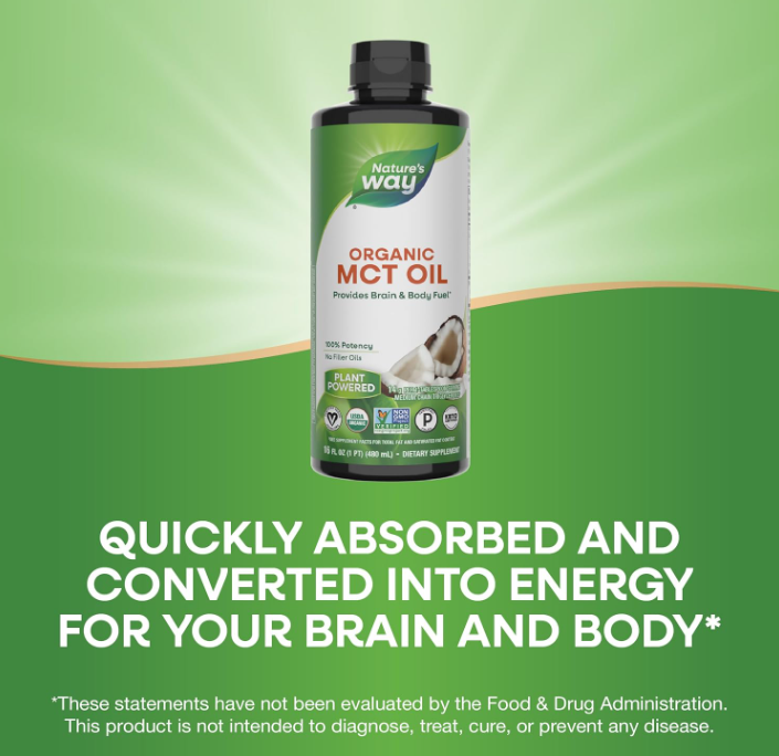 Nature's Way Organic MCT Oil, 16 Fl Oz, Brain and Body Fuel from Coconuts*, C8 Caprylic Acid and C10 Capric Acid, Keto and Paleo Certified, Organic, Non-GMO Project Verified