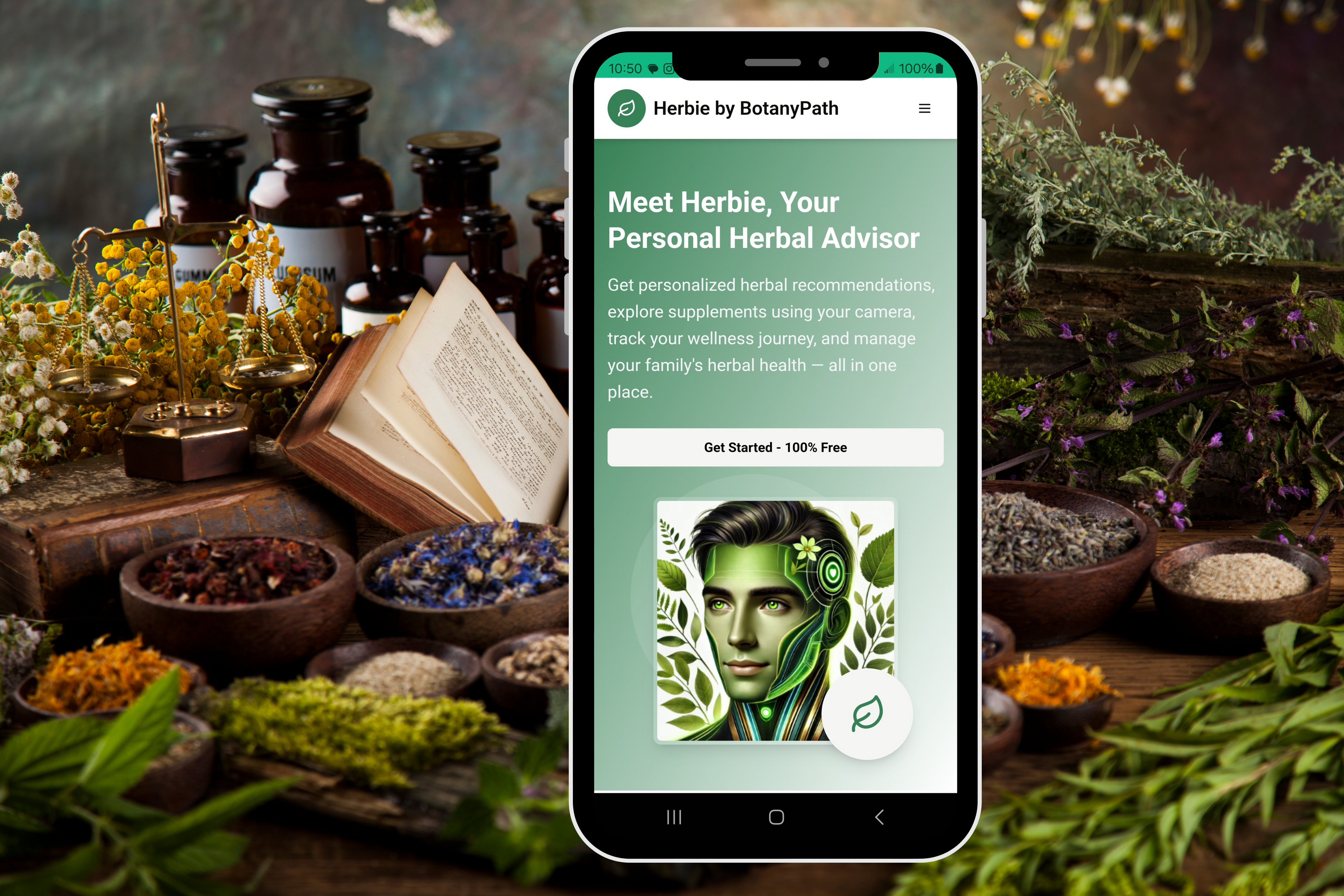 Phone showing Herbie herbal health app with a variety of herbs on a wooden table.