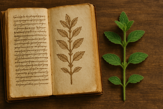 An old herbal medicine book opened beside a fresh green herb on a wooden table, symbolizing ancient and modern natural healing