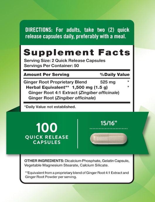 Nature's Truth Ginger Root Capsules | 1,500mg | 100 Count | from Ginger Root Extract | Non-GMO and Gluten Free Supplement