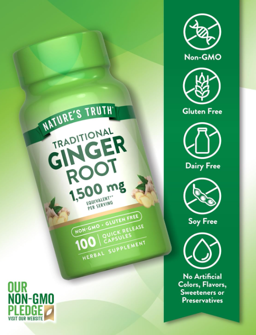 Nature's Truth Ginger Root Capsules | 1,500mg | 100 Count | from Ginger Root Extract | Non-GMO and Gluten Free Supplement