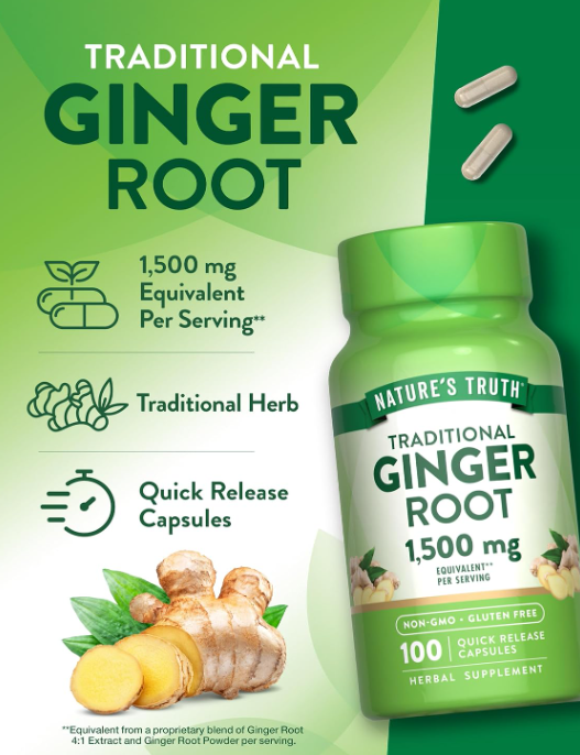 Nature's Truth Ginger Root Capsules | 1,500mg | 100 Count | from Ginger Root Extract | Non-GMO and Gluten Free Supplement