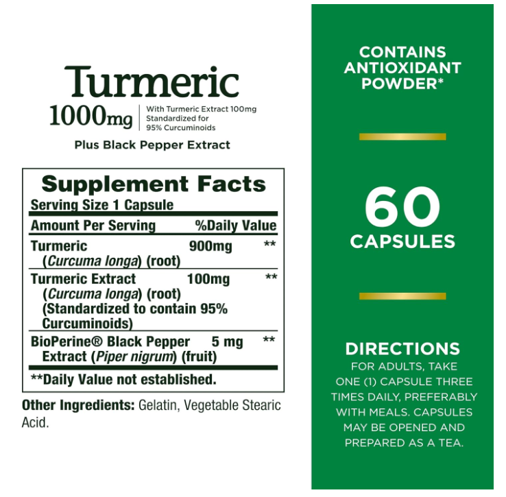 Nature's Bounty Turmeric With Black Pepper Extract, Supports Antioxidant Health, 1000mg, 60 Capsules