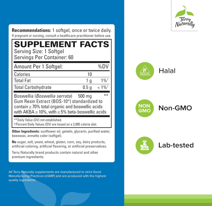 Terry Naturally BosMed 500 - Boswellia Serrata Extract Supplement - Dietary Supplement for Healthy Lung Support - Herbal Supplement Formula - 60 Softgels