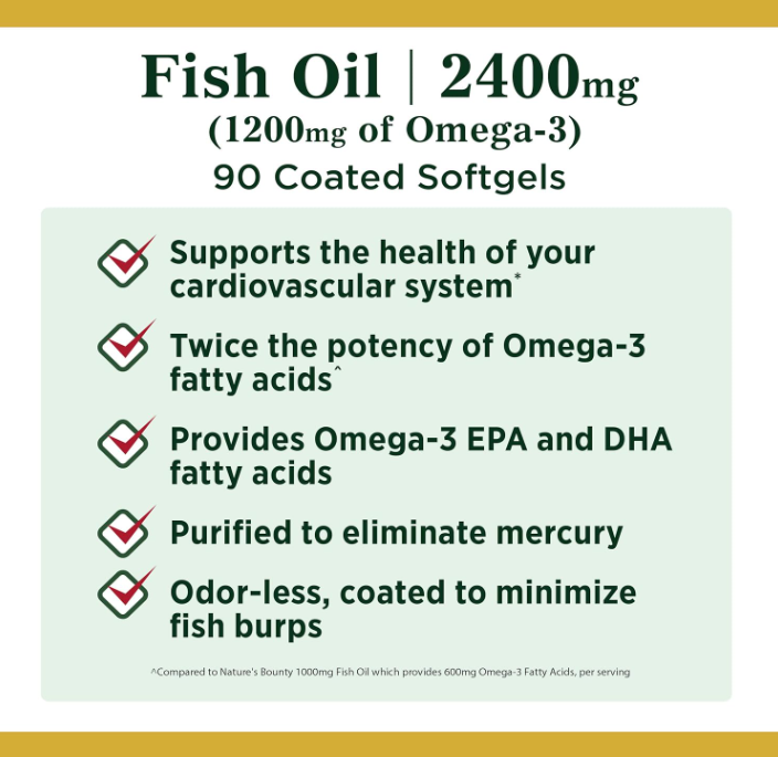 Nature's Bounty Fish Oil, Supports Heart Health, 2400mg, Coated Softgels, 90 Ct.