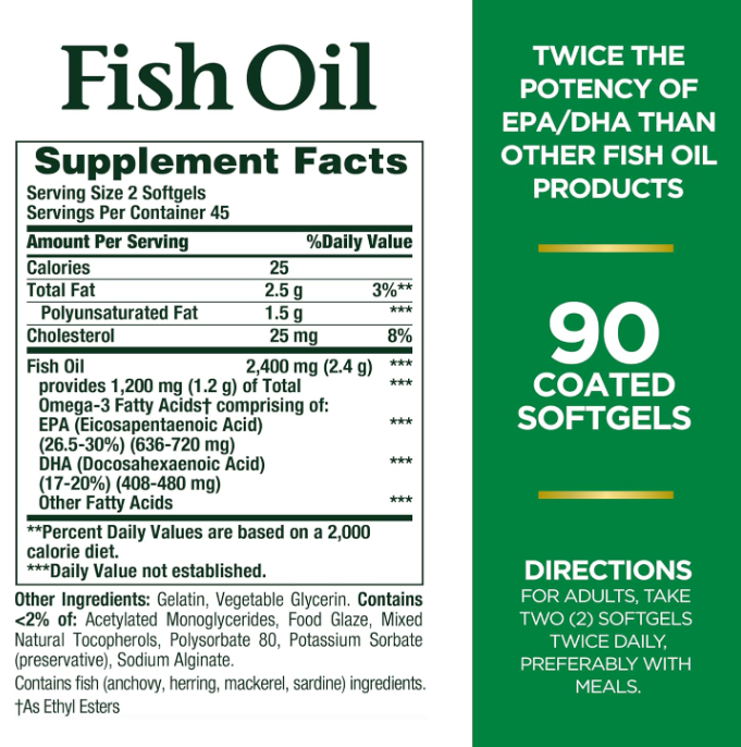 Nature's Bounty Fish Oil, Supports Heart Health, 2400mg, Coated Softgels, 90 Ct.